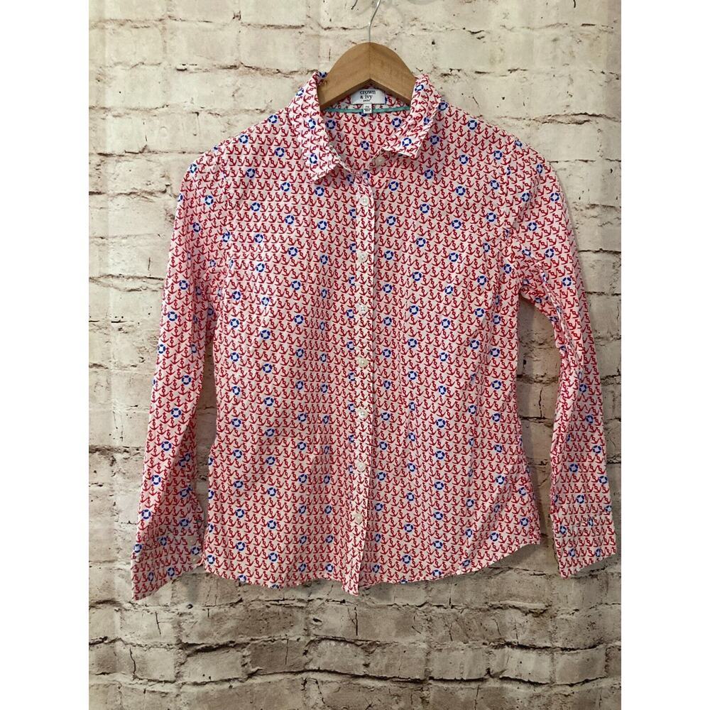 Crown & Ivy Top Womens Petite Small‎ Red White Blue Nautical Button Up Cotton